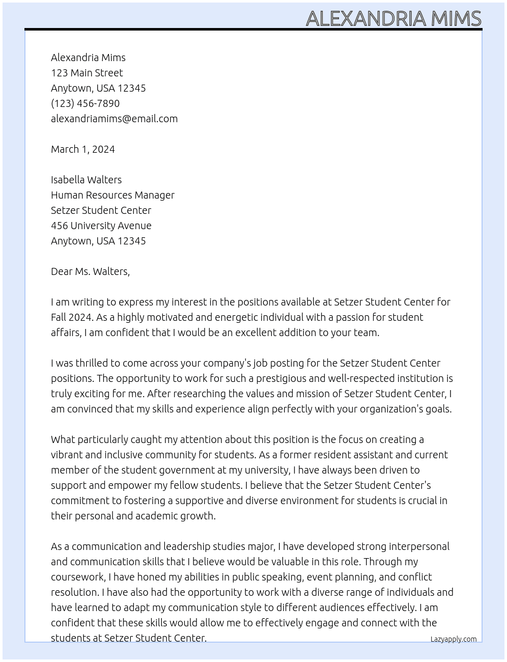 	Setzer Student Center (Positions for Fall 2024) At 	Setzer Student Center Cover Letter