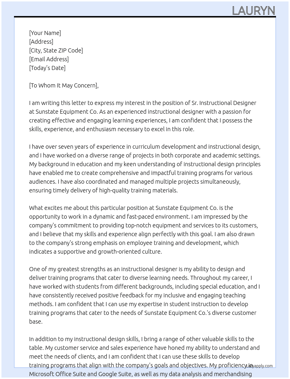 Sr. Instructional Designer At Sunstate Equipment Co. Cover Letter