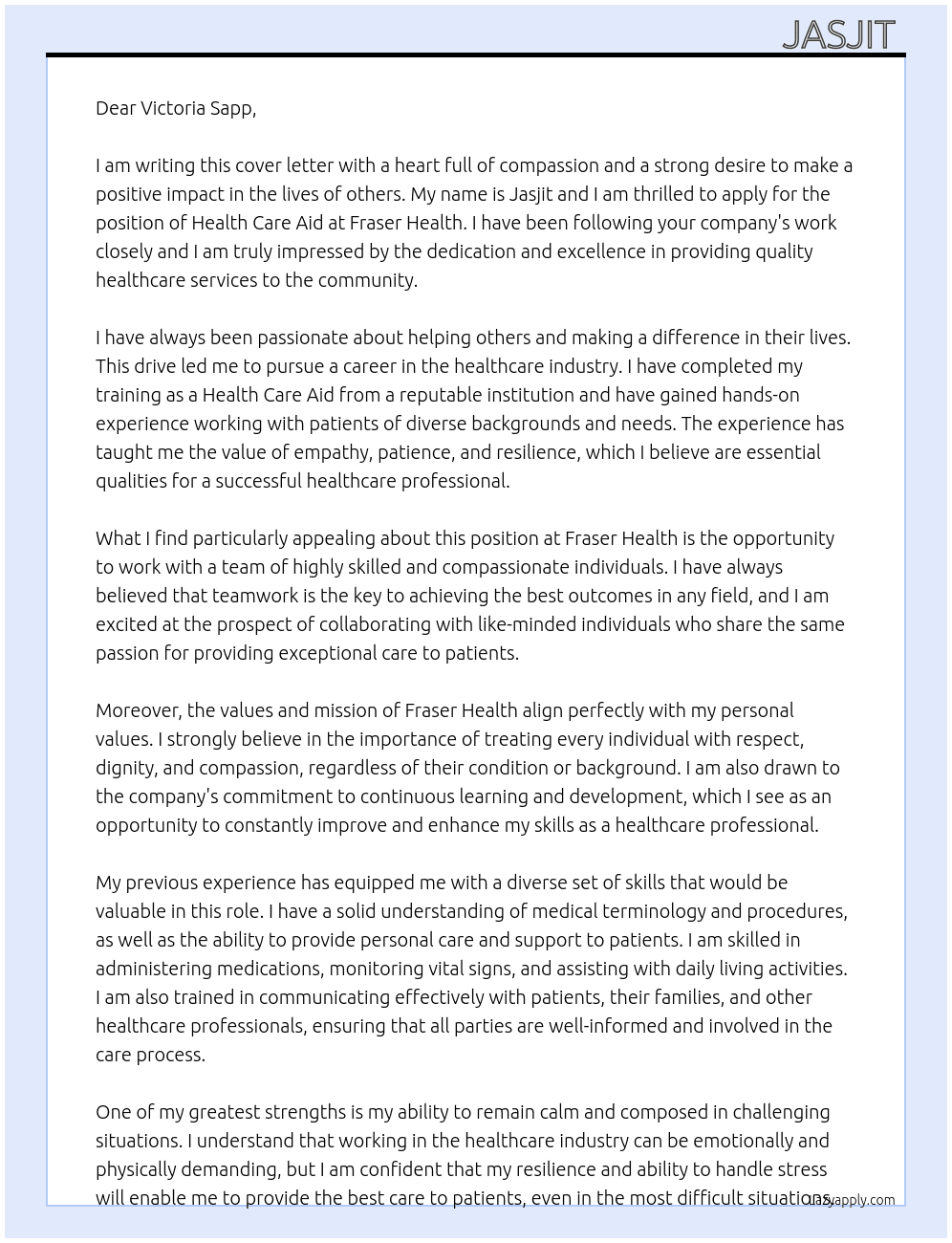 Health care aid At fraser health Cover Letter