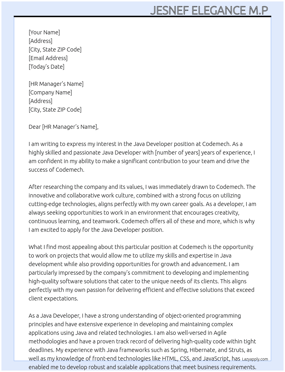Java Developer At codemech Cover Letter