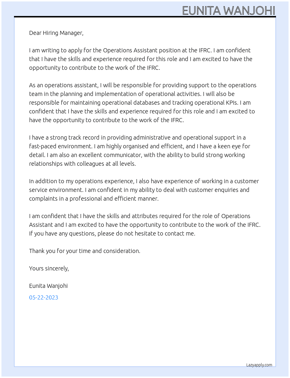 Operations Assistant At IFRC Cover Letter