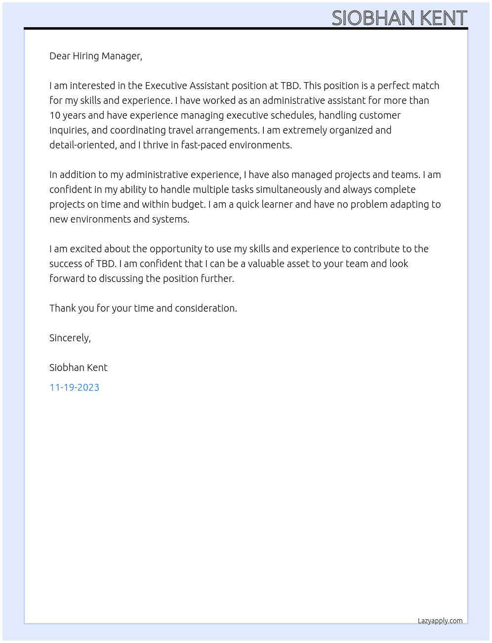 Executive Assistant At TBD Cover Letter