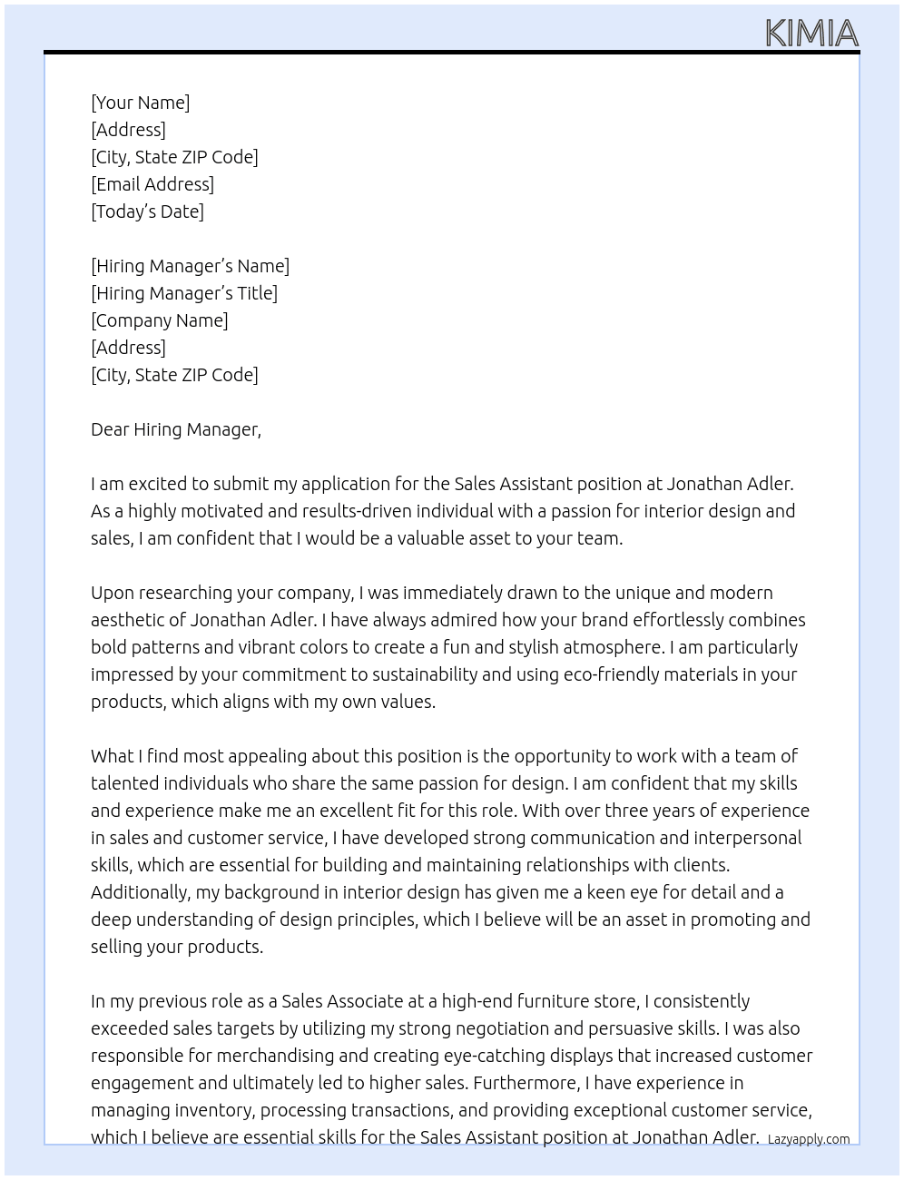 Sales Assistant At Jonathan Adler Cover Letter