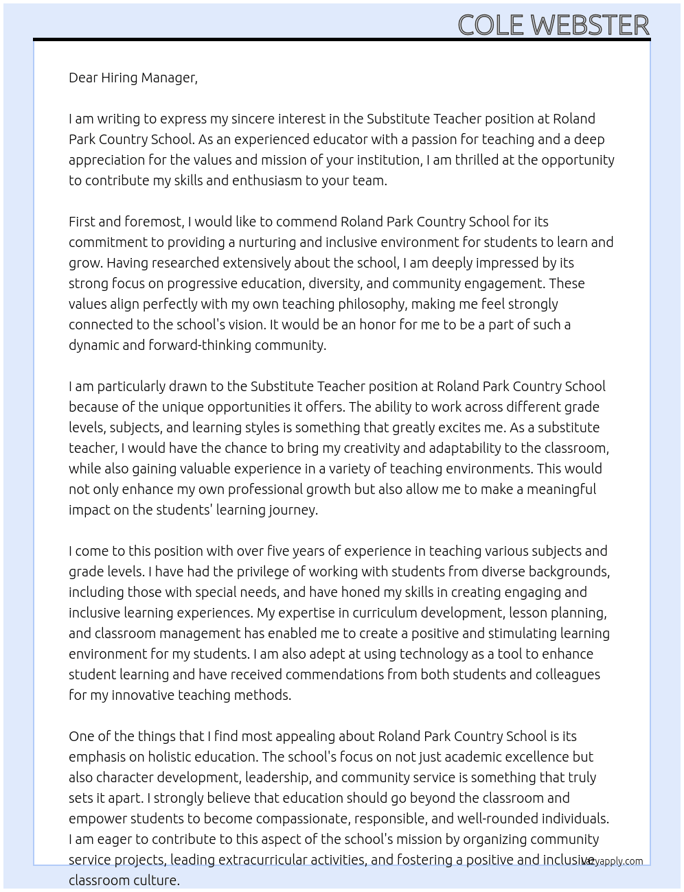 Substitute Teacher At Roland Park Counrty School Cover Letter
