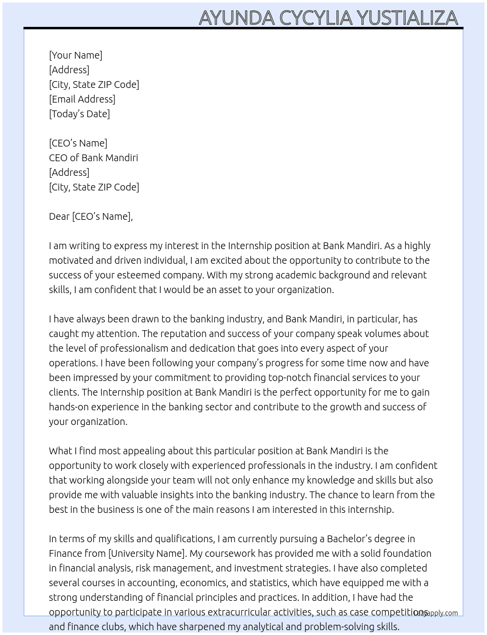 Internship At Bank mandiri Cover Letter