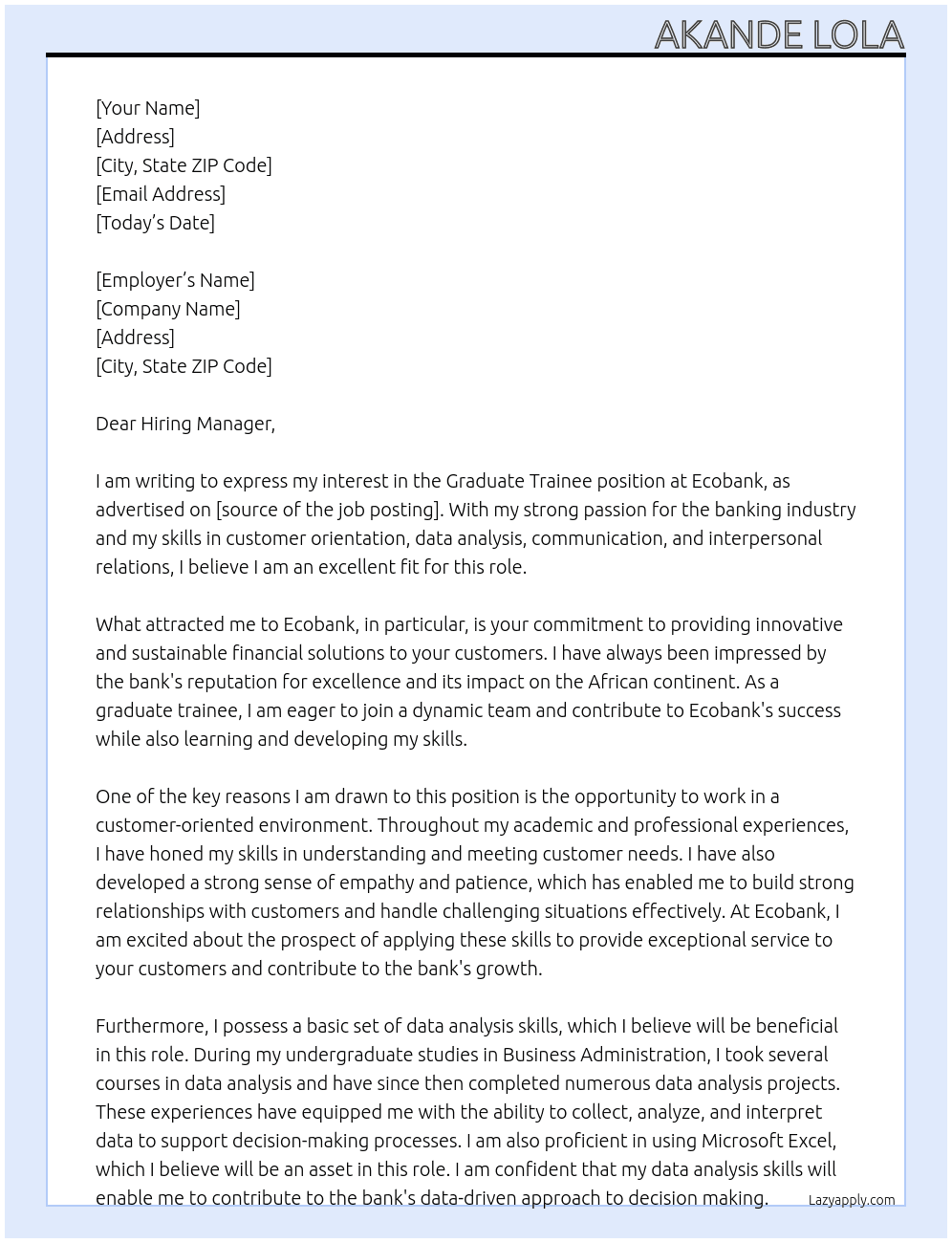 Graduate trainee At Ecobank Cover Letter