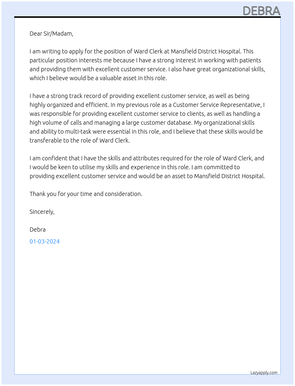 Ward Clerk At Mansfield District Hospital Cover Letter