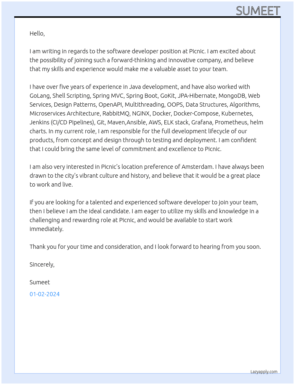 Software developer At Picnic Cover Letter