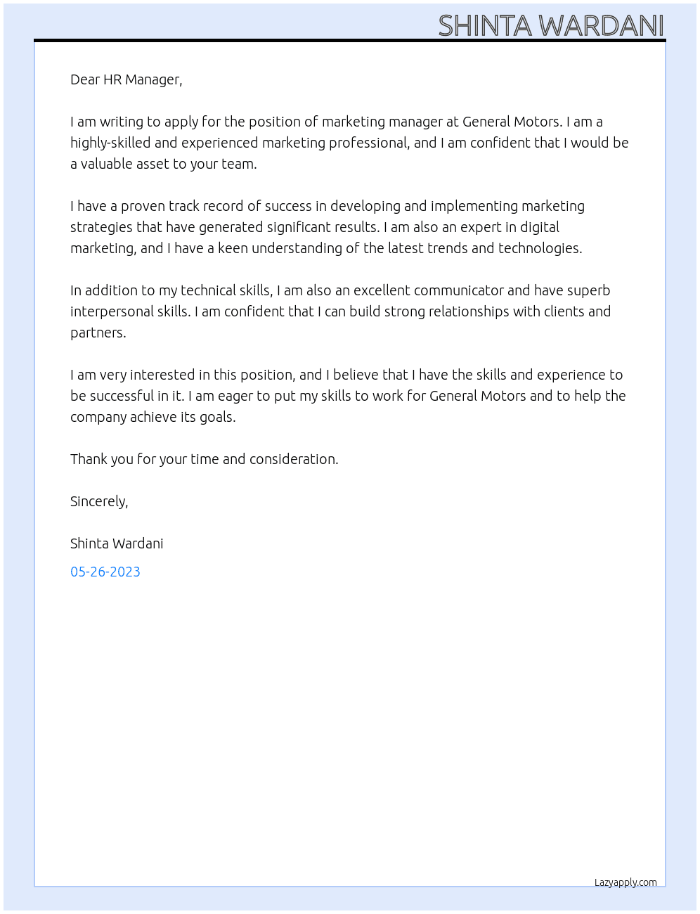marketing manager At General Motor Cover Letter