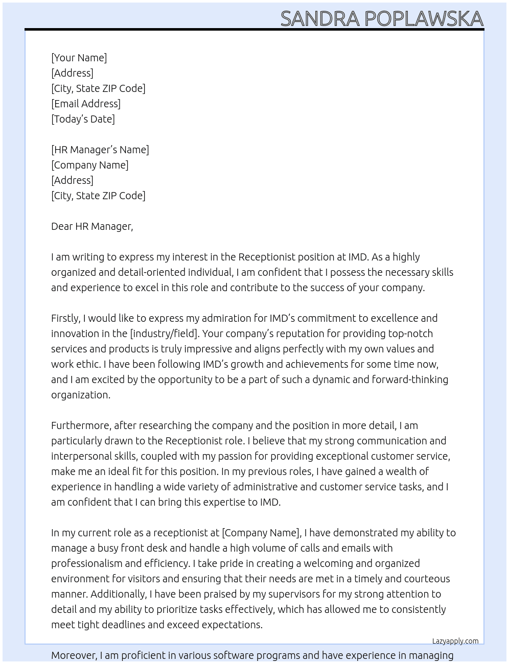 Receptionist At IMD Cover Letter