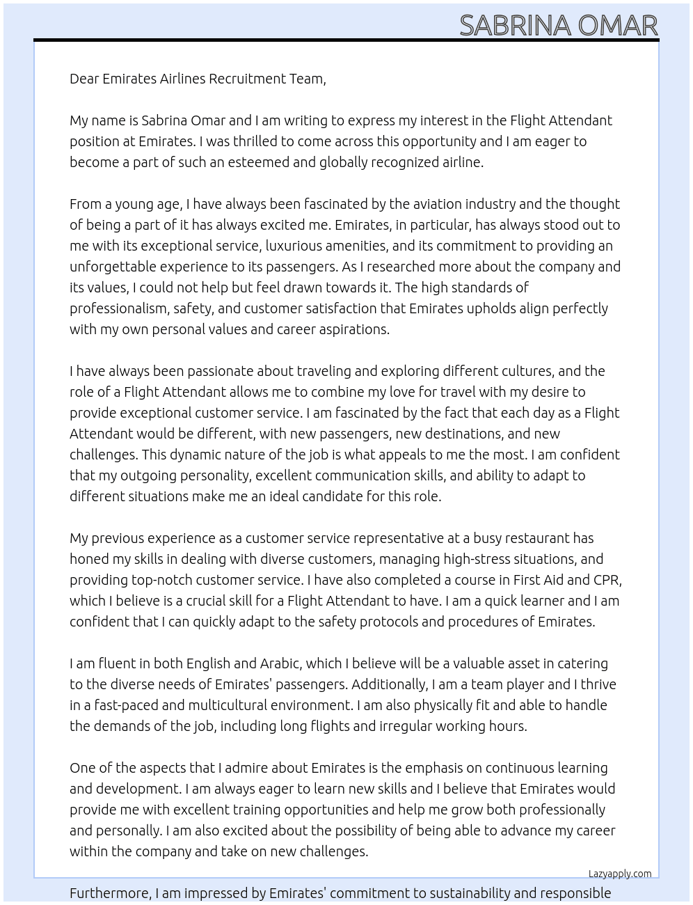 Flight attendant At Emirates Cover Letter