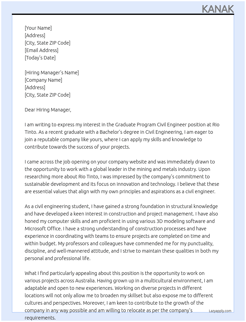 Graduate program Civil Engineer  At Rio Tinto Cover Letter