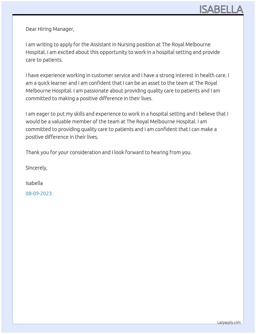 Assistant in Nursing At The Royal Melbourne Hospital Cover Letter