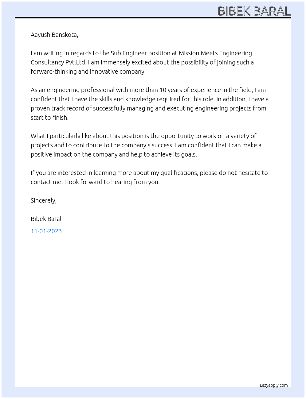 Sub Engineer  At Mission Meets Engineering Consultancy Pvt.Ltd. Cover Letter