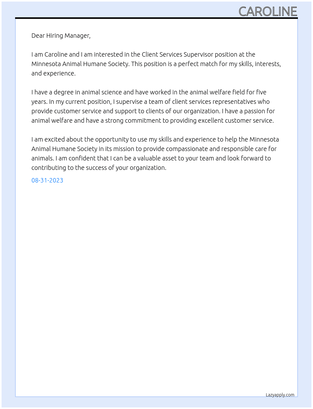 Client Services Supervisor At Minnesota Animal Humane Society Cover Letter