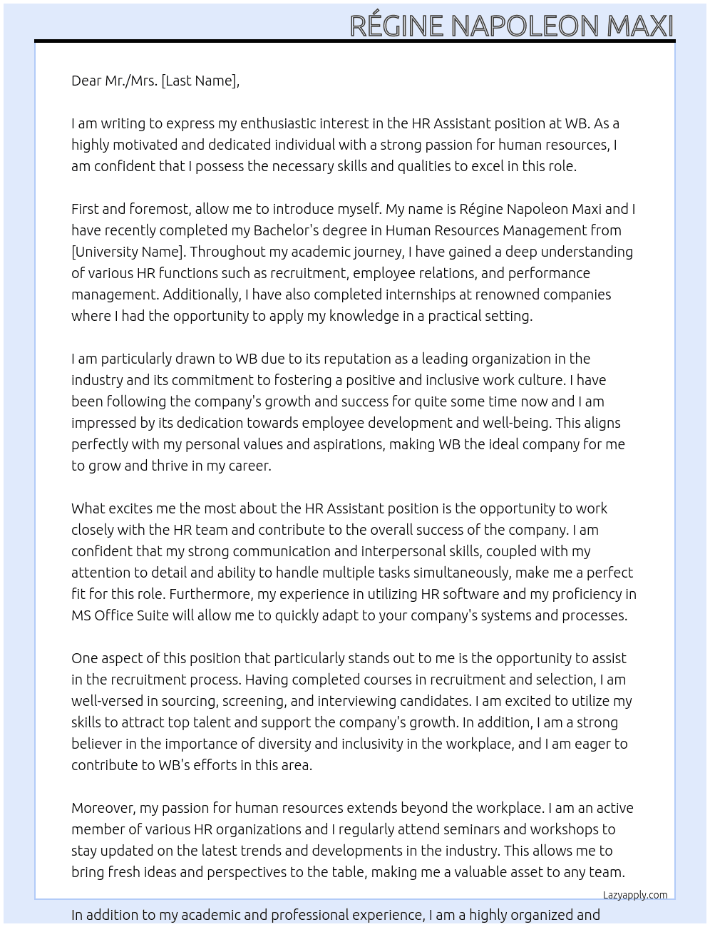 HR assistant At WB Cover Letter
