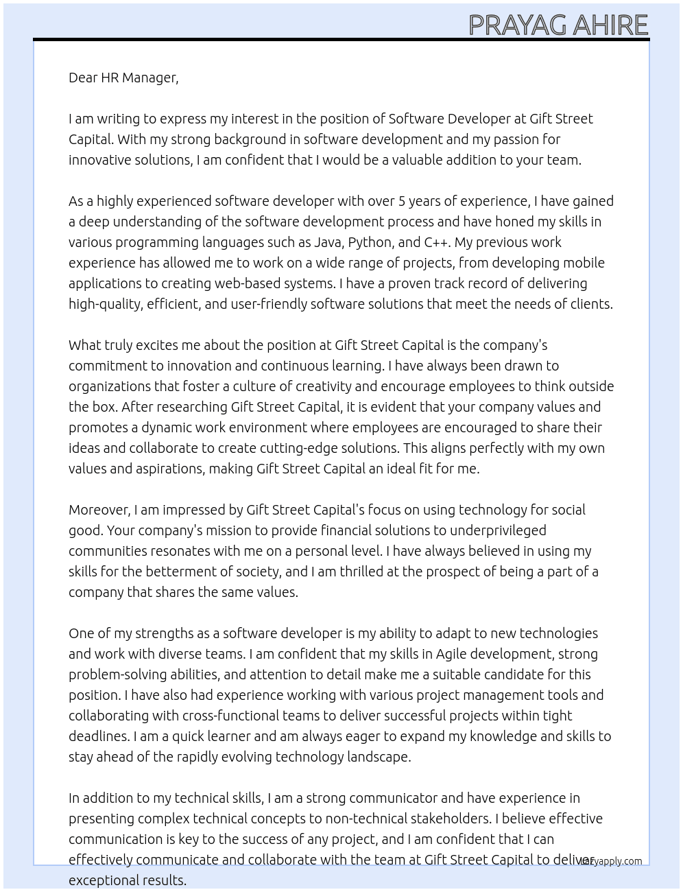 software developer At Gift Street Capital Cover Letter