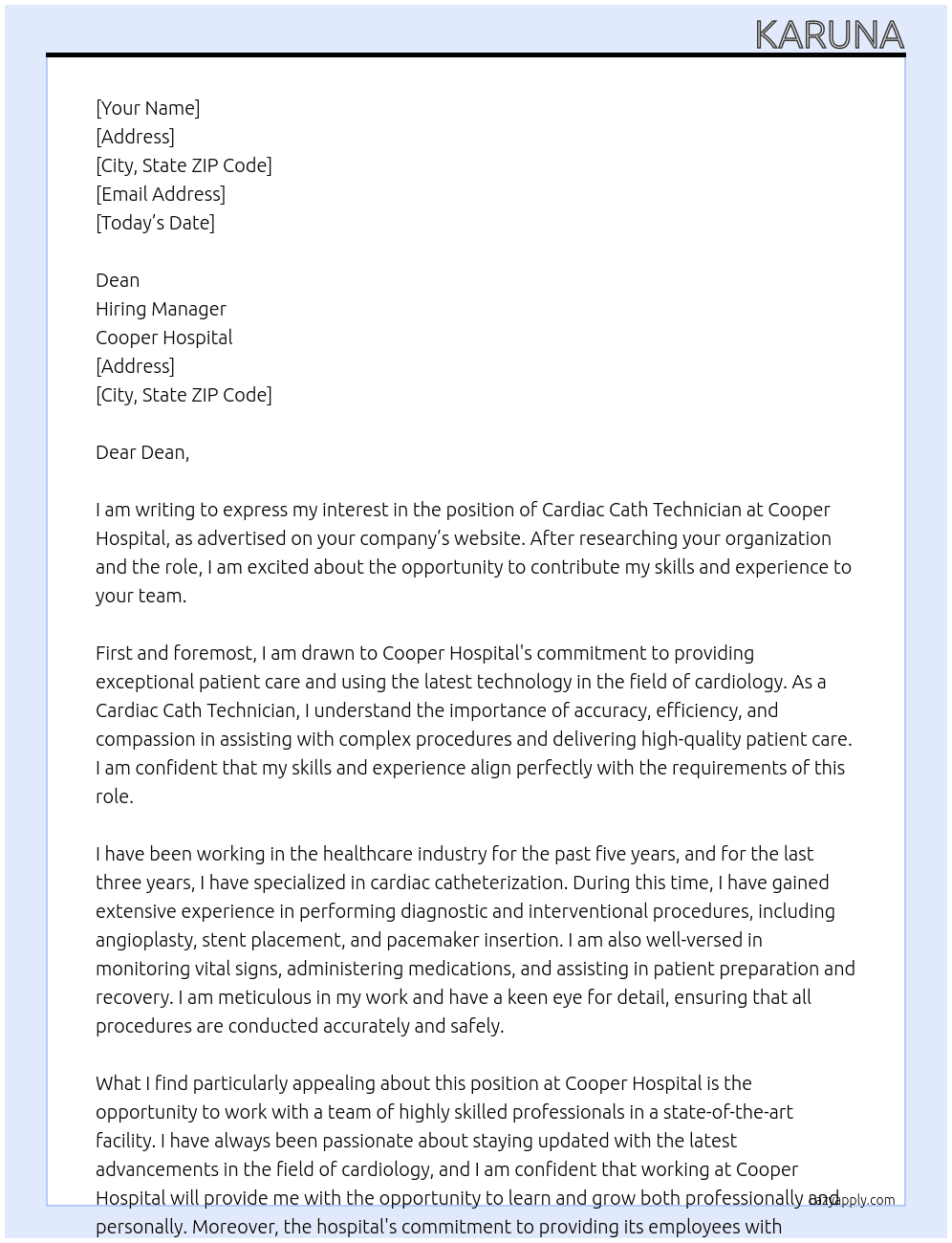 Cardiac cath technician  At Cooper hospital  Cover Letter