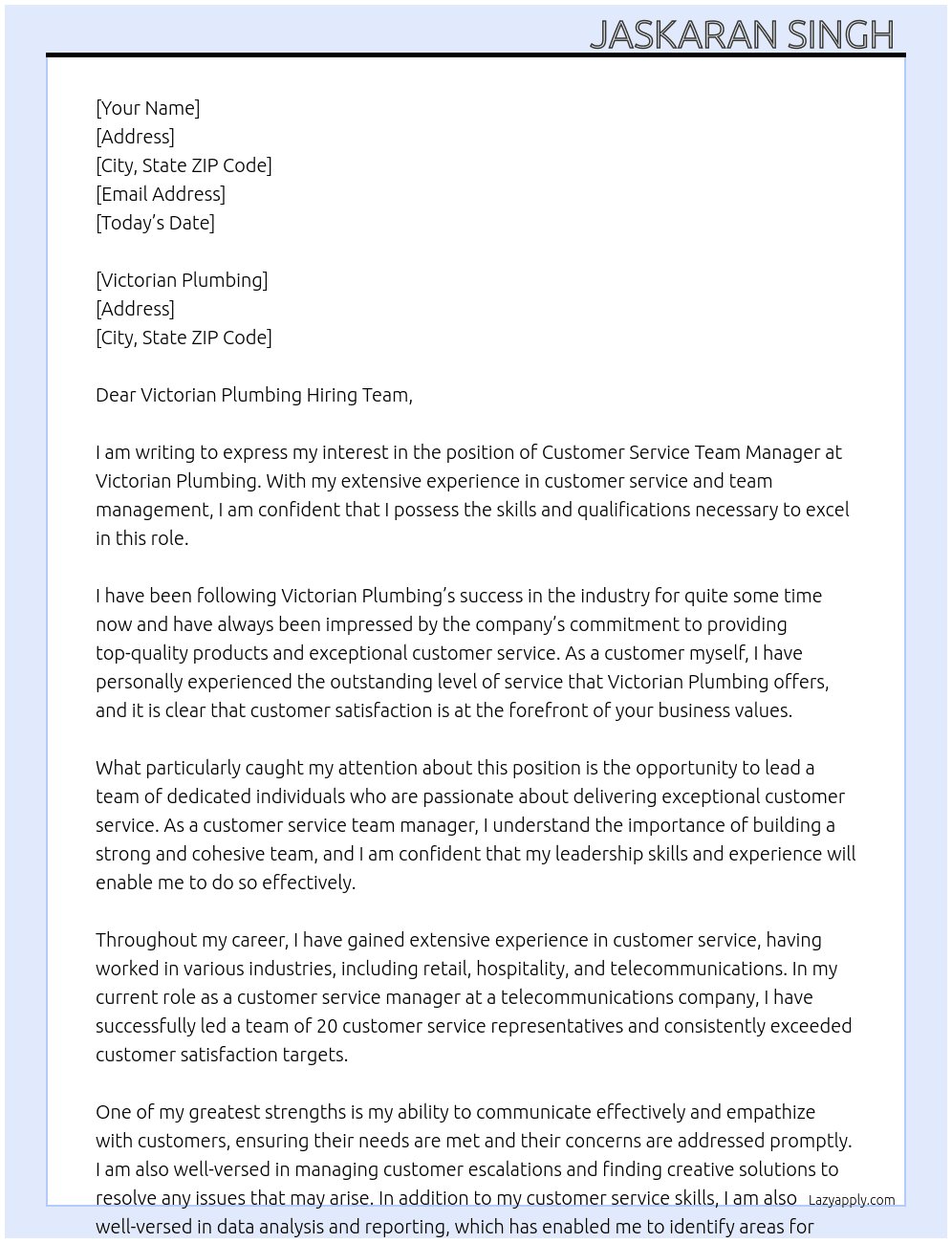 Customer service team manager  At Victorian plumbing  Cover Letter
