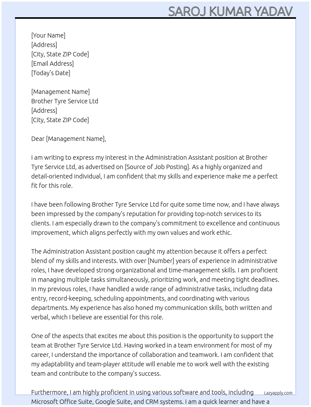 Administration Assistant  At Brother Tyre Service Ltd Cover Letter