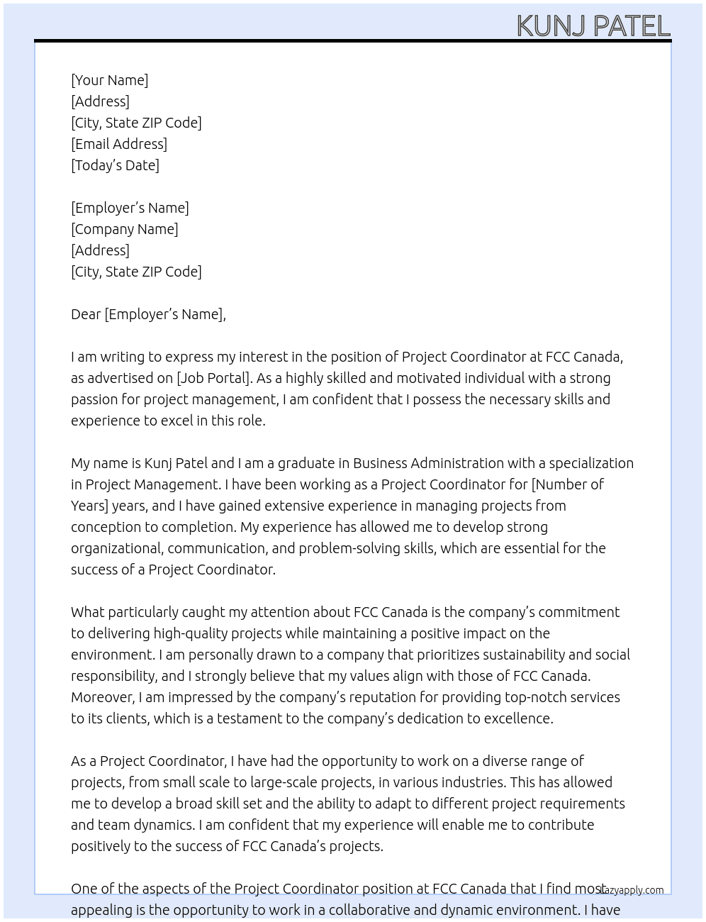 project coordinator At FCC Canada Cover Letter