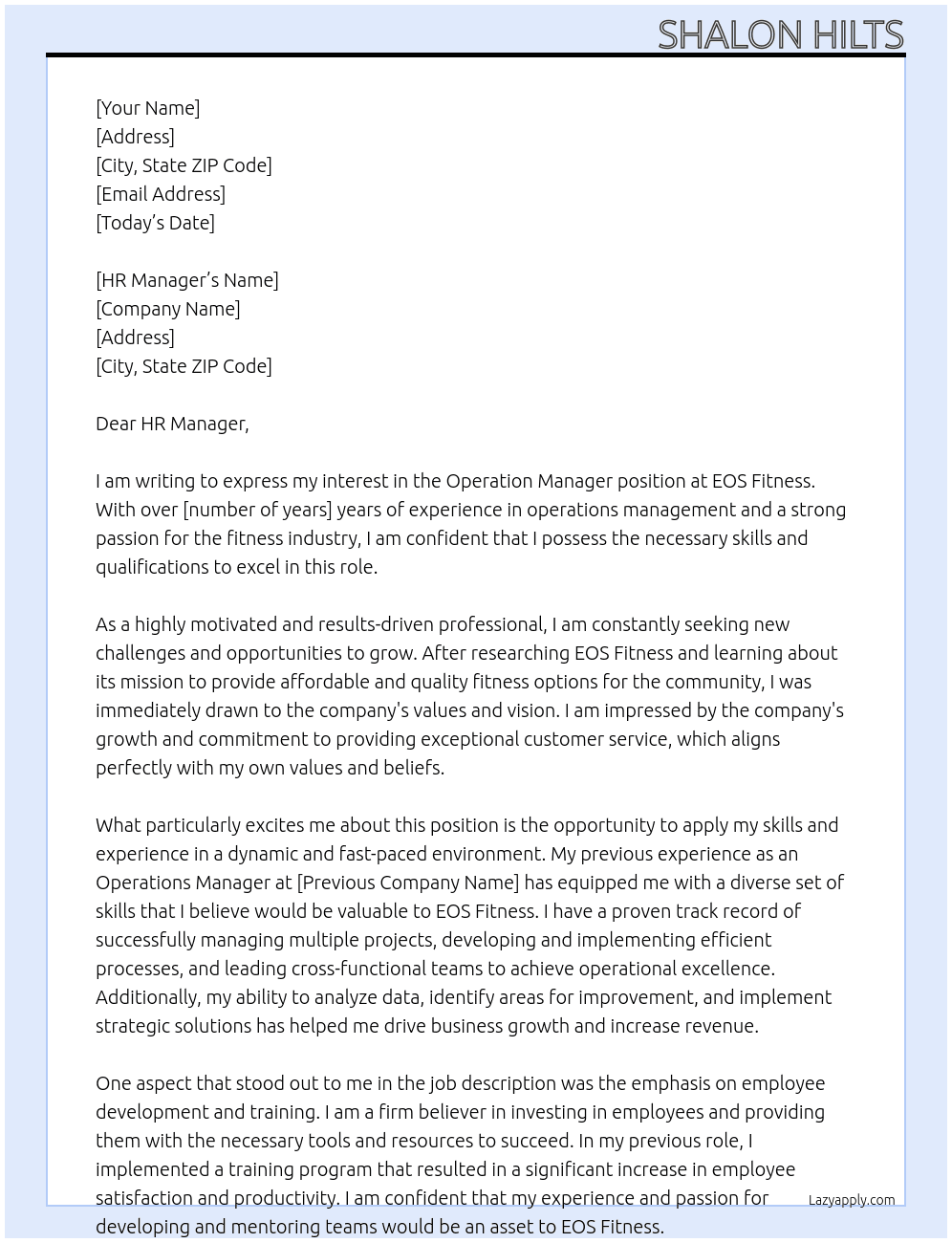 Operation Manager  At EOS Fitness Cover Letter