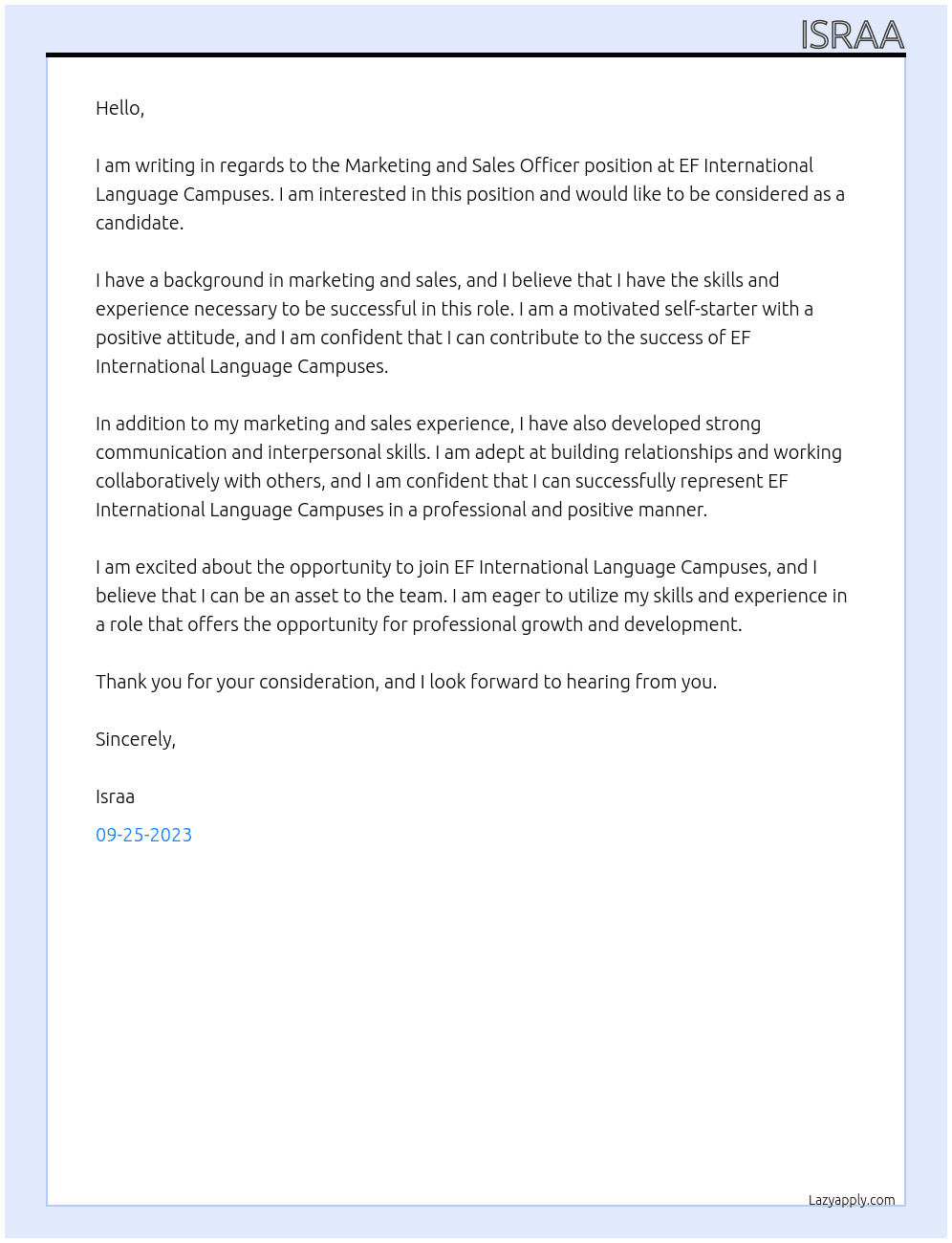 Marketing and Sales Officer At EF International Language Campuses Cover Letter
