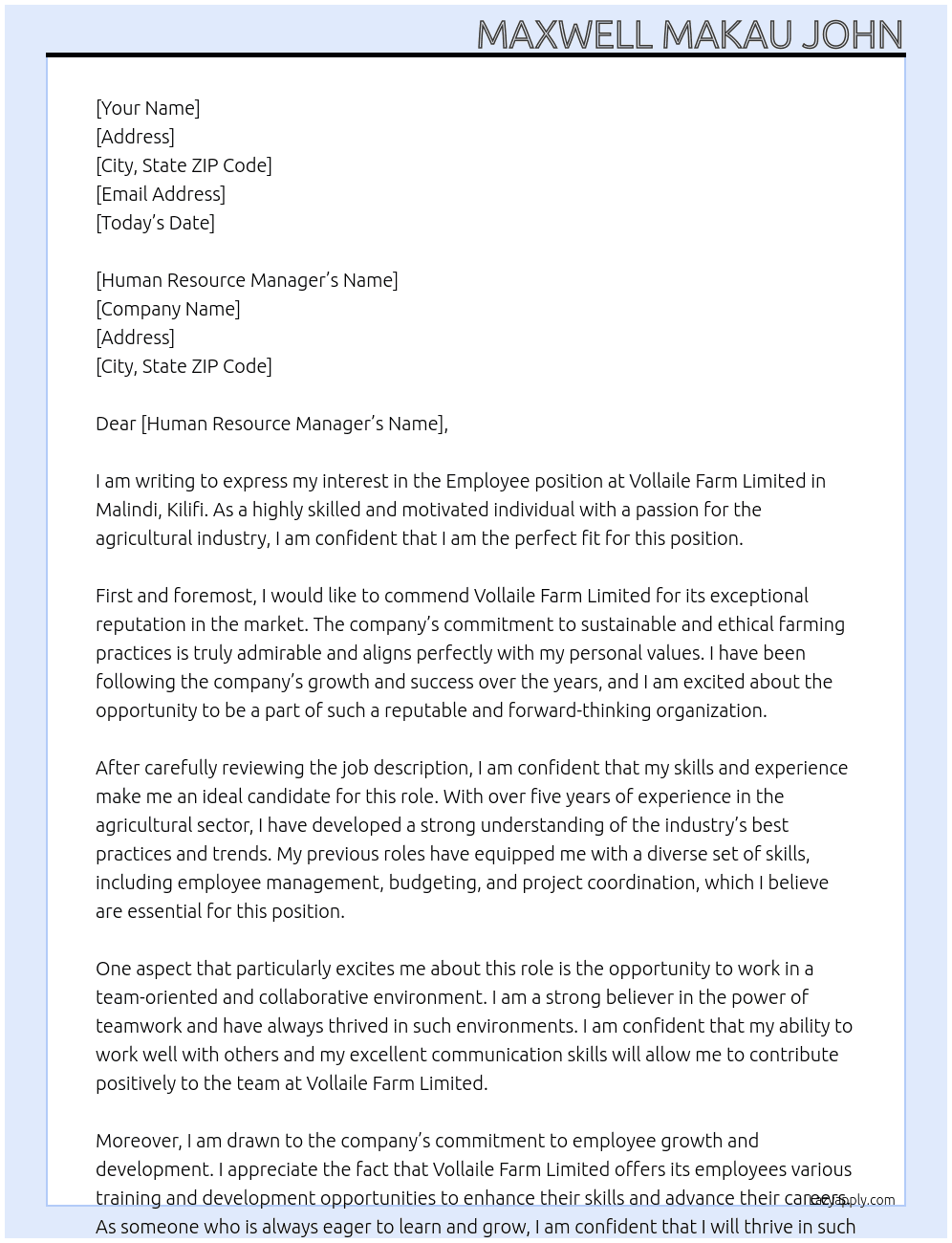 Employee At Vollaile Farm Limited Cover Letter