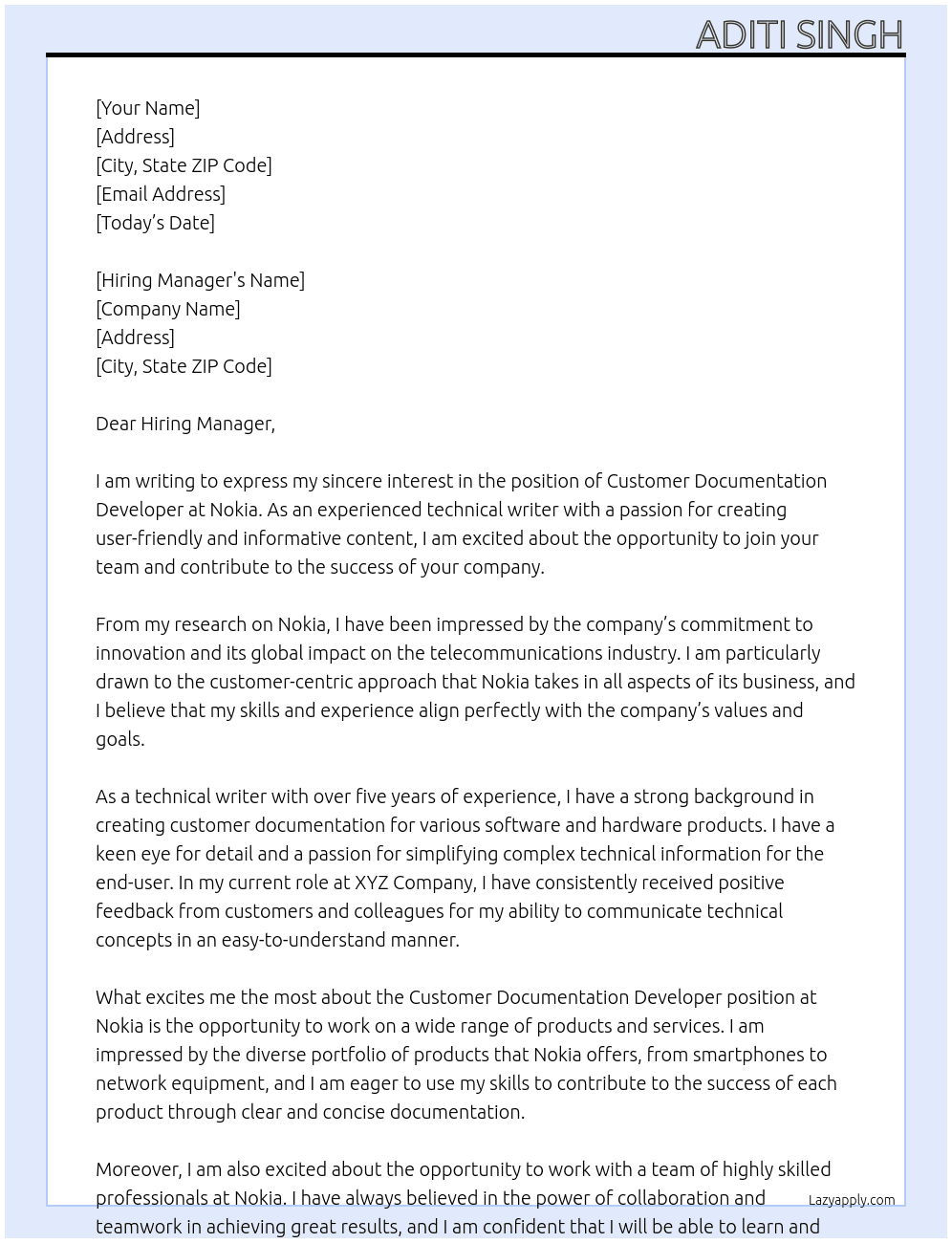 Customer documentation developer  At Nokia  Cover Letter