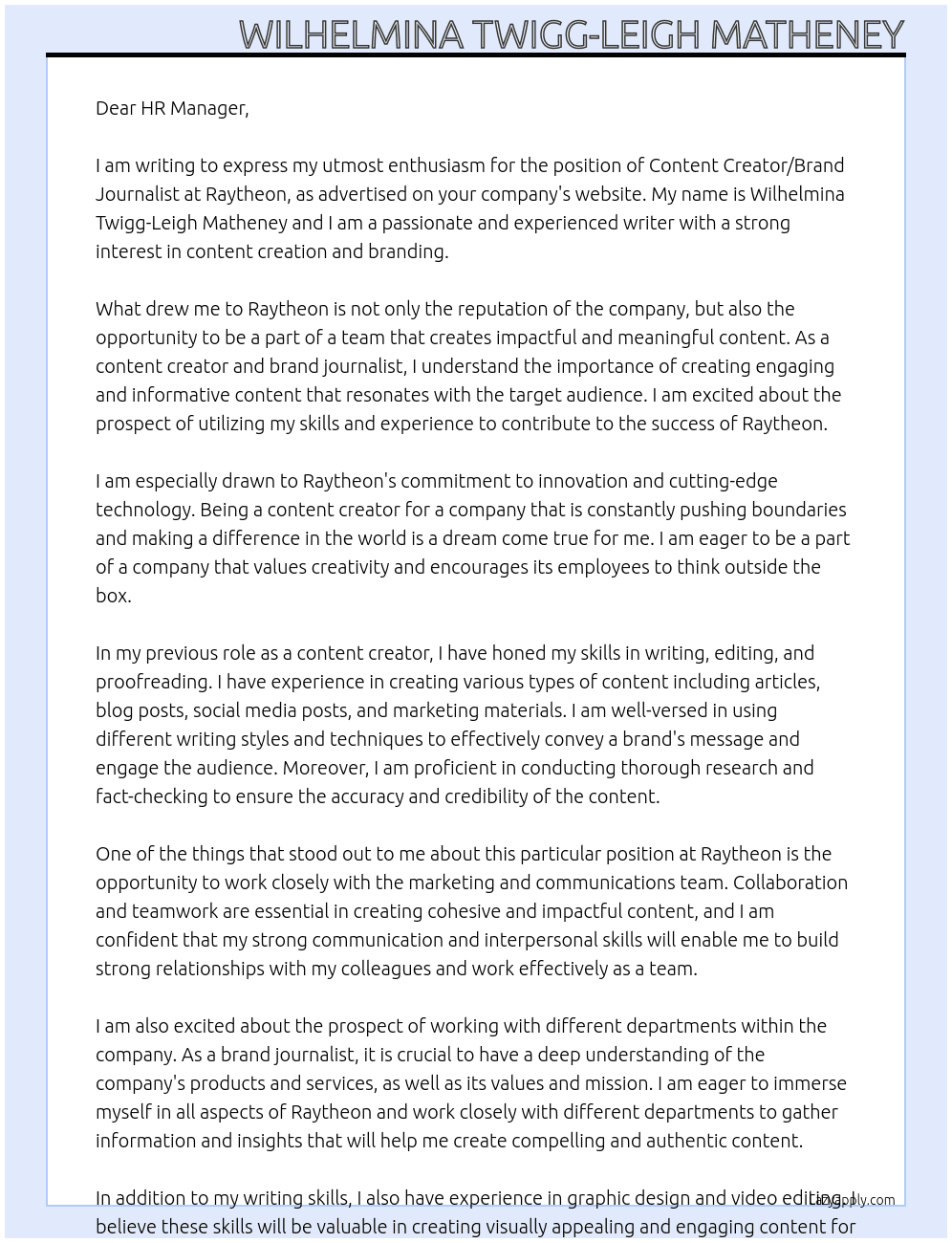 Content Creator/Brand Journalist At Raytheon Cover Letter