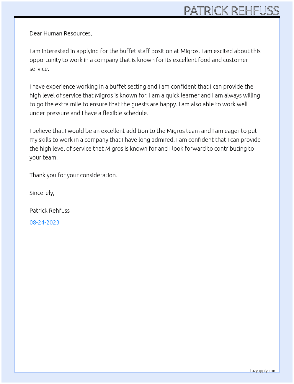 buffet staff At Migros Cover Letter
