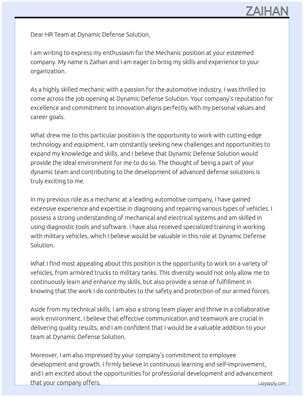 Mechanic At Dynamic defense solution Cover Letter