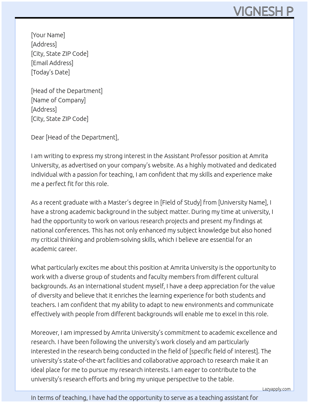 assistant professor At AMRITHA UNIVERSITY Cover Letter