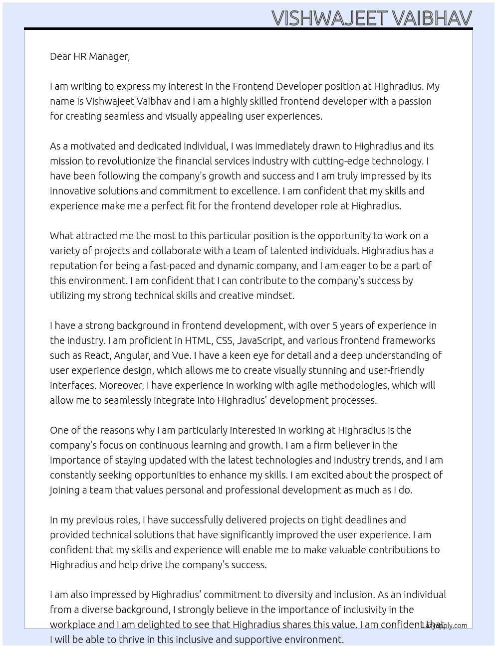 Frontend Developer At Highradius Cover Letter