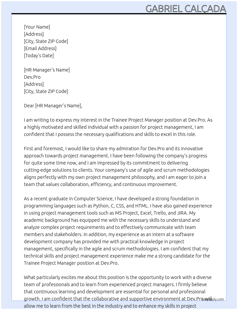 Trainee Project manager At Dev.Pro Cover Letter