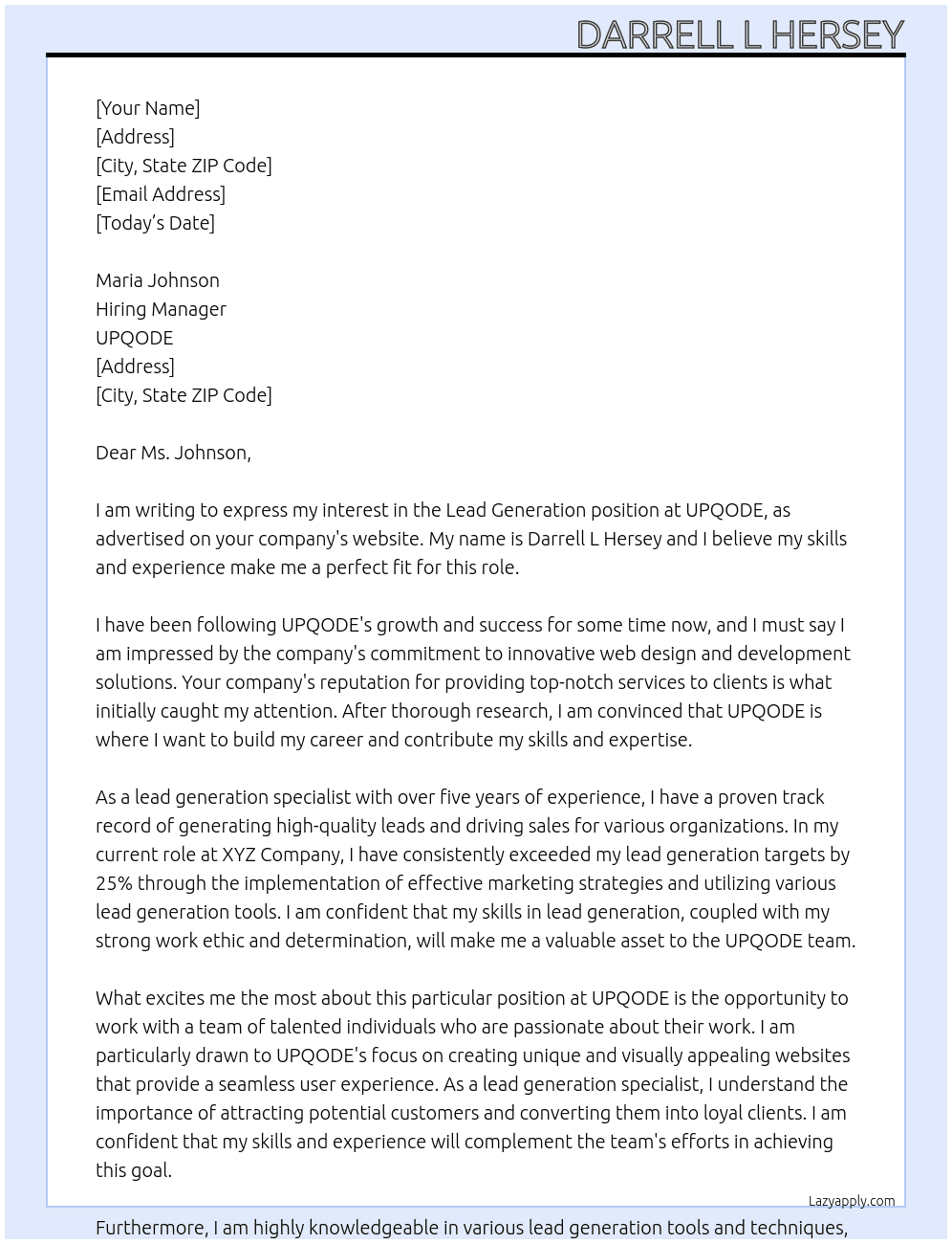 Lead Generation  At UPQODE Cover Letter