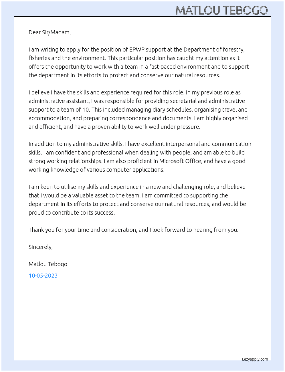 EPWP support At Department of forestry, fisheries and the environment  Cover Letter