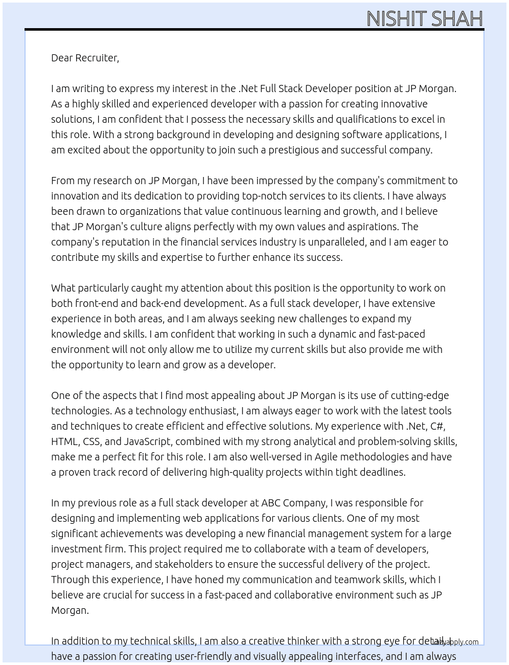 .Net full stack developer At jp morgan Cover Letter