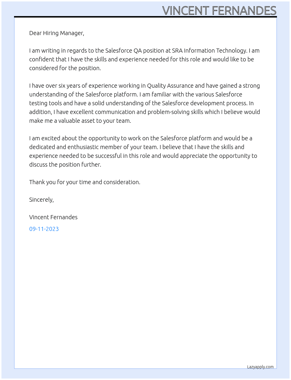 Salesforce QA At SRA Information Technology Cover Letter