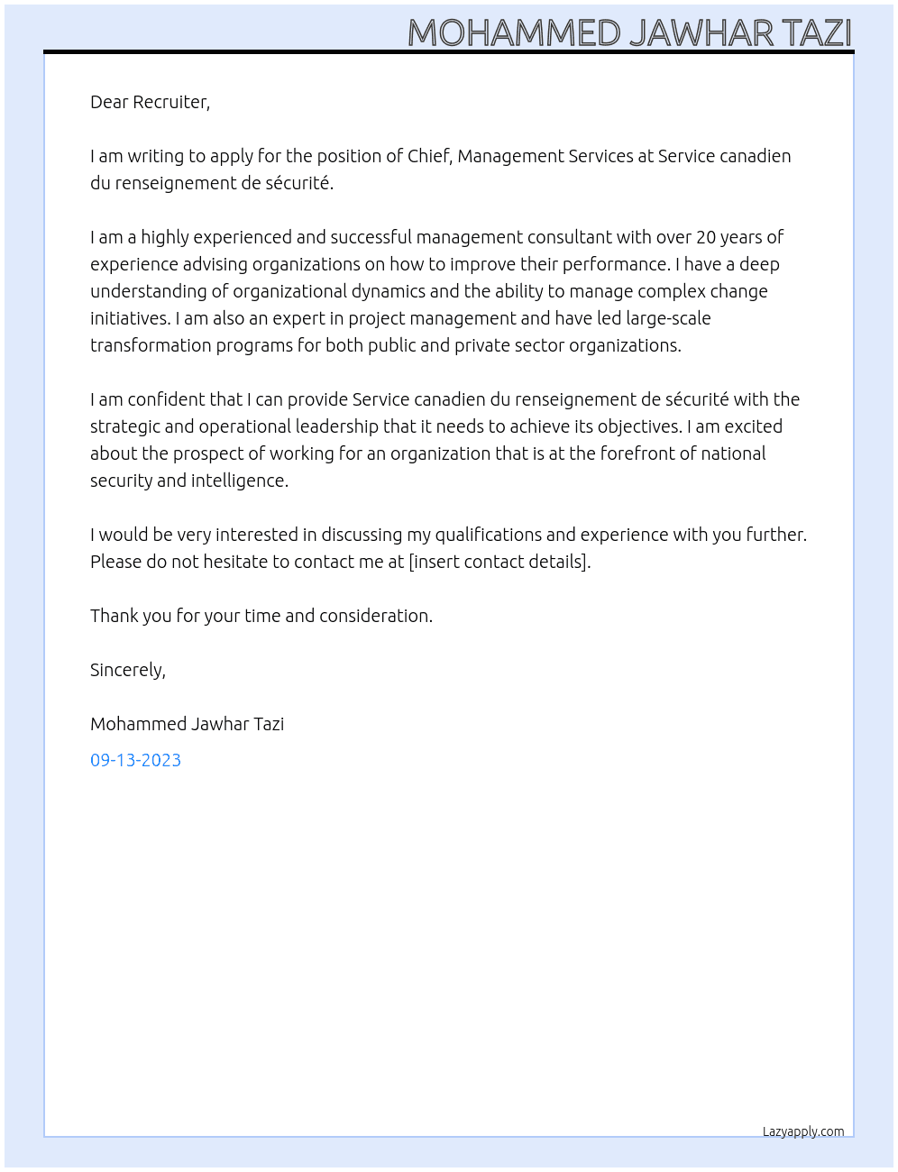 Chief, Management Services At Service canadien du renseignement de sécurité Cover Letter