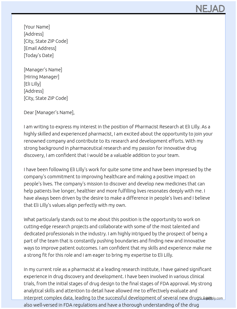 pharmacist research At Eli Lilly Cover Letter