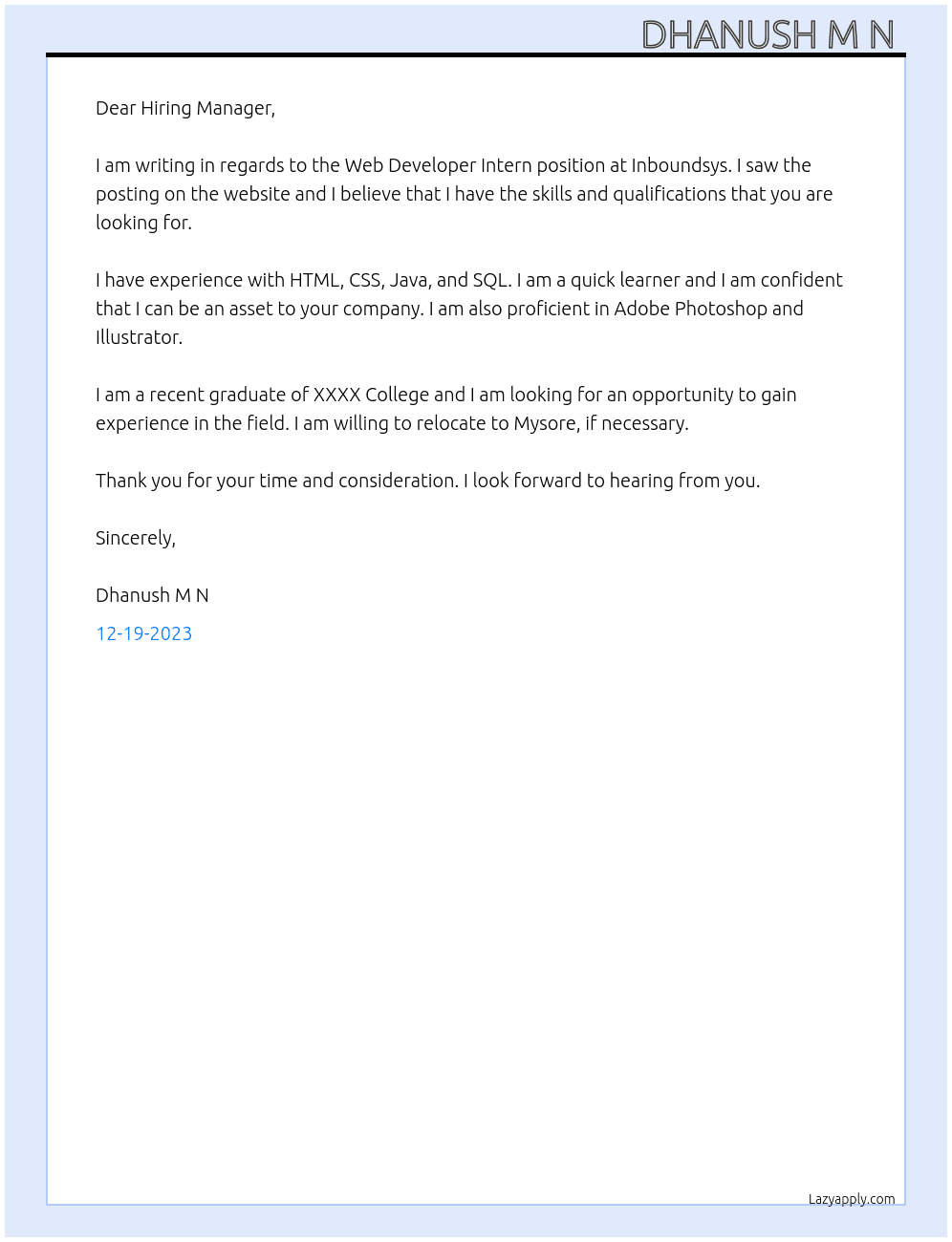 Web developer intern  At Inboundsys Cover Letter