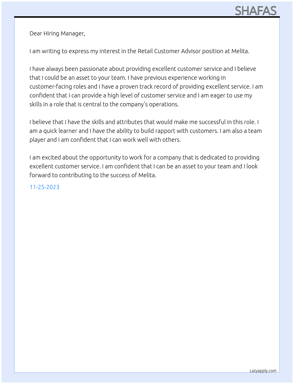 Retail Customer Advisor At melita Cover Letter
