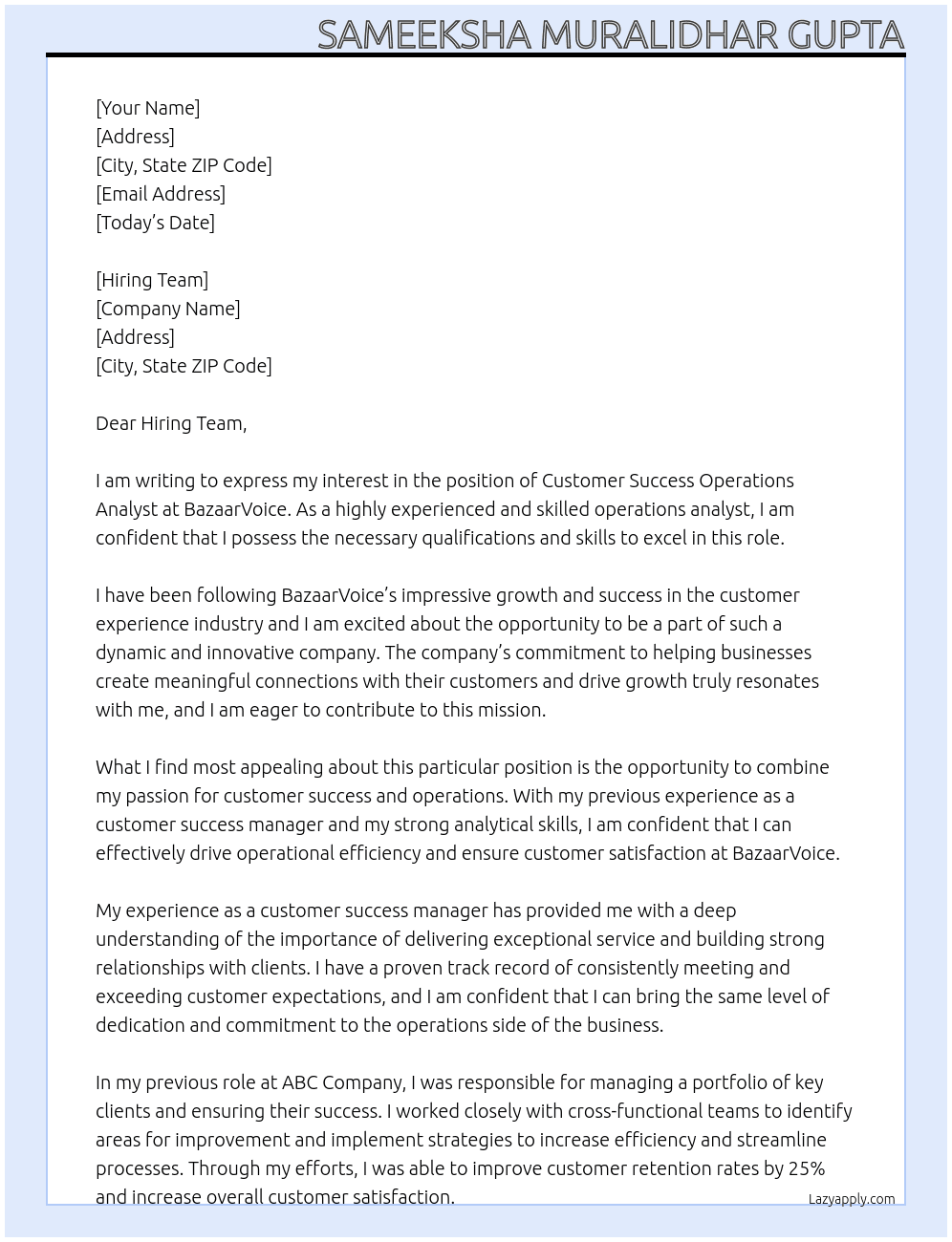 Customer Success Operations Analyst At BazaarVoice Cover Letter