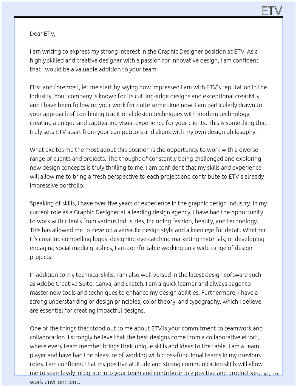  Graphic Designe At etv Cover Letter
