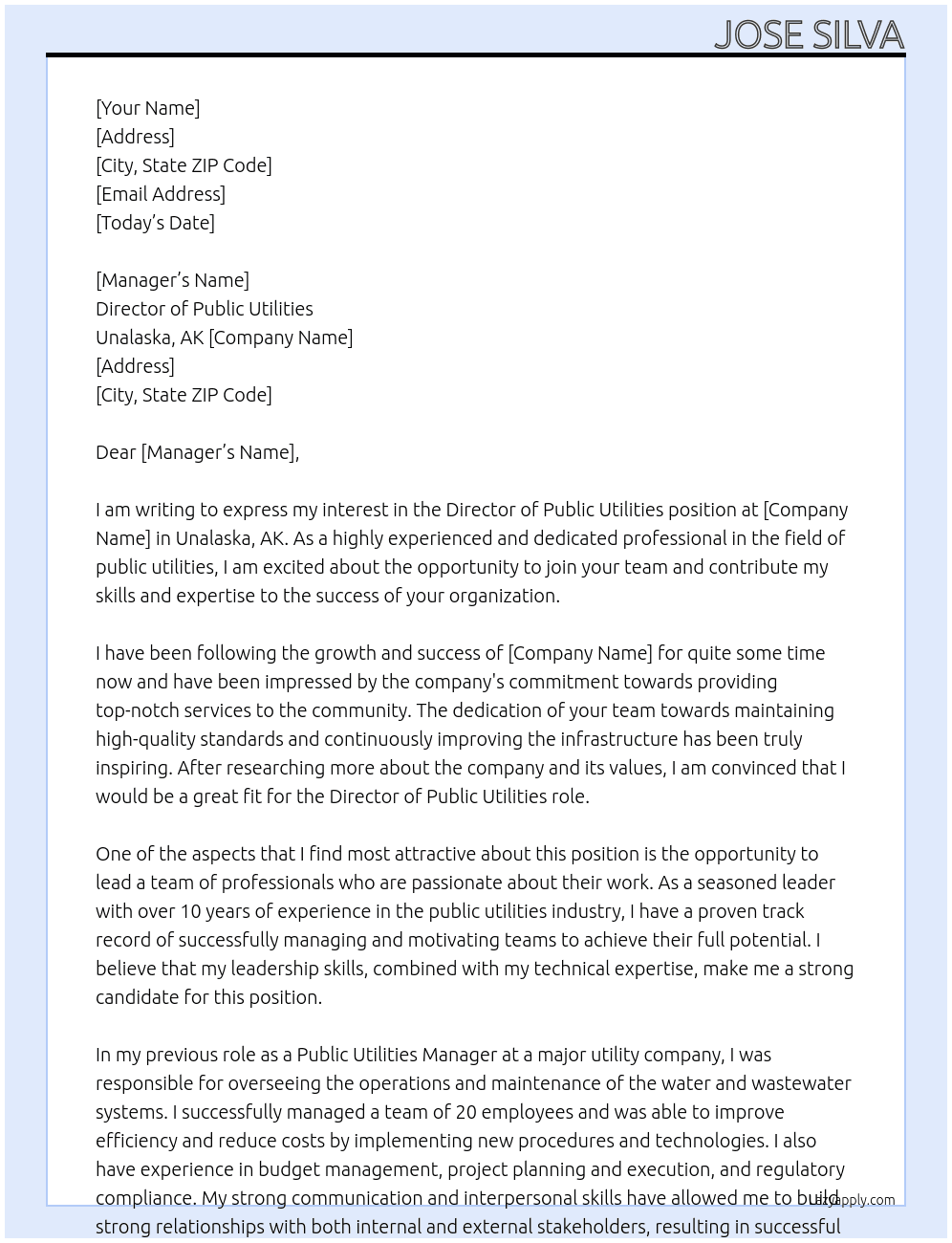 Director of public utities  At Unalaska, AK Cover Letter