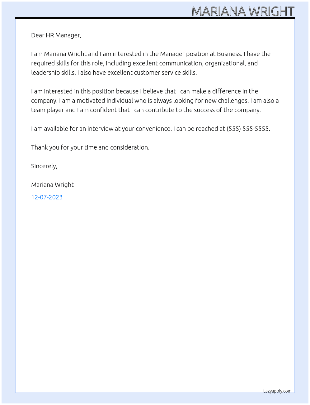 Manager At Business Cover Letter