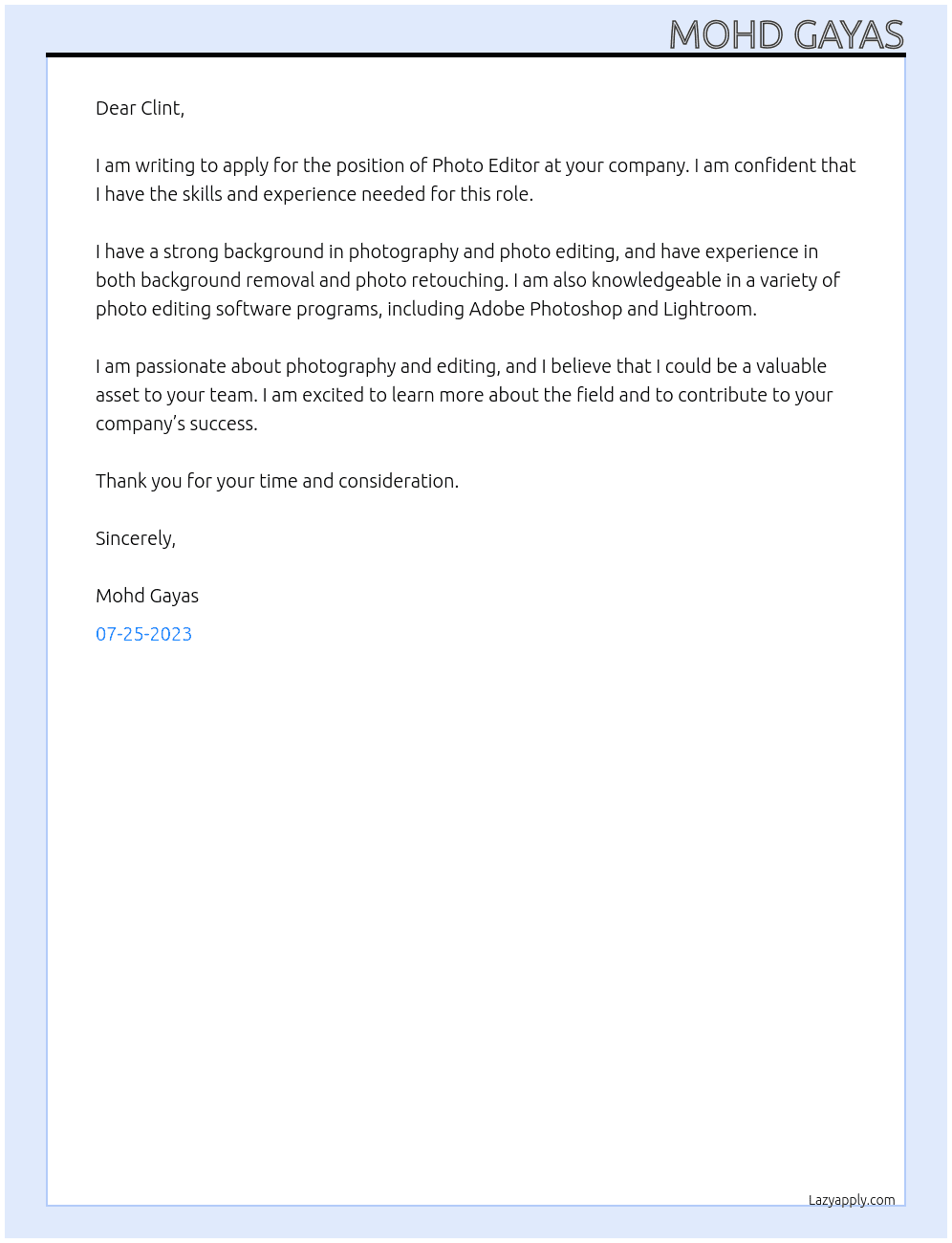 Photo Editing  At Clint  Cover Letter