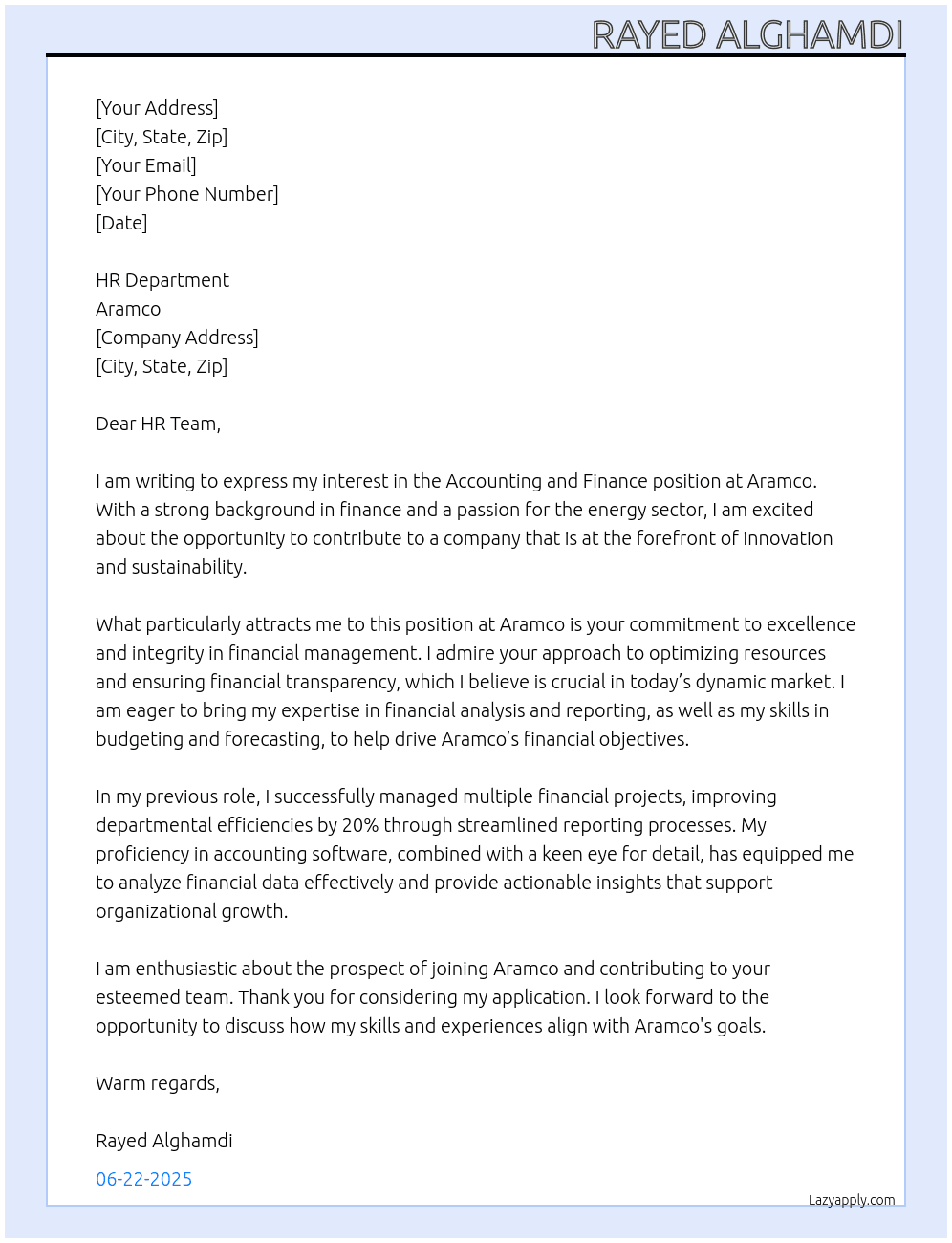 Accounting and Finance At Aramco Cover Letter