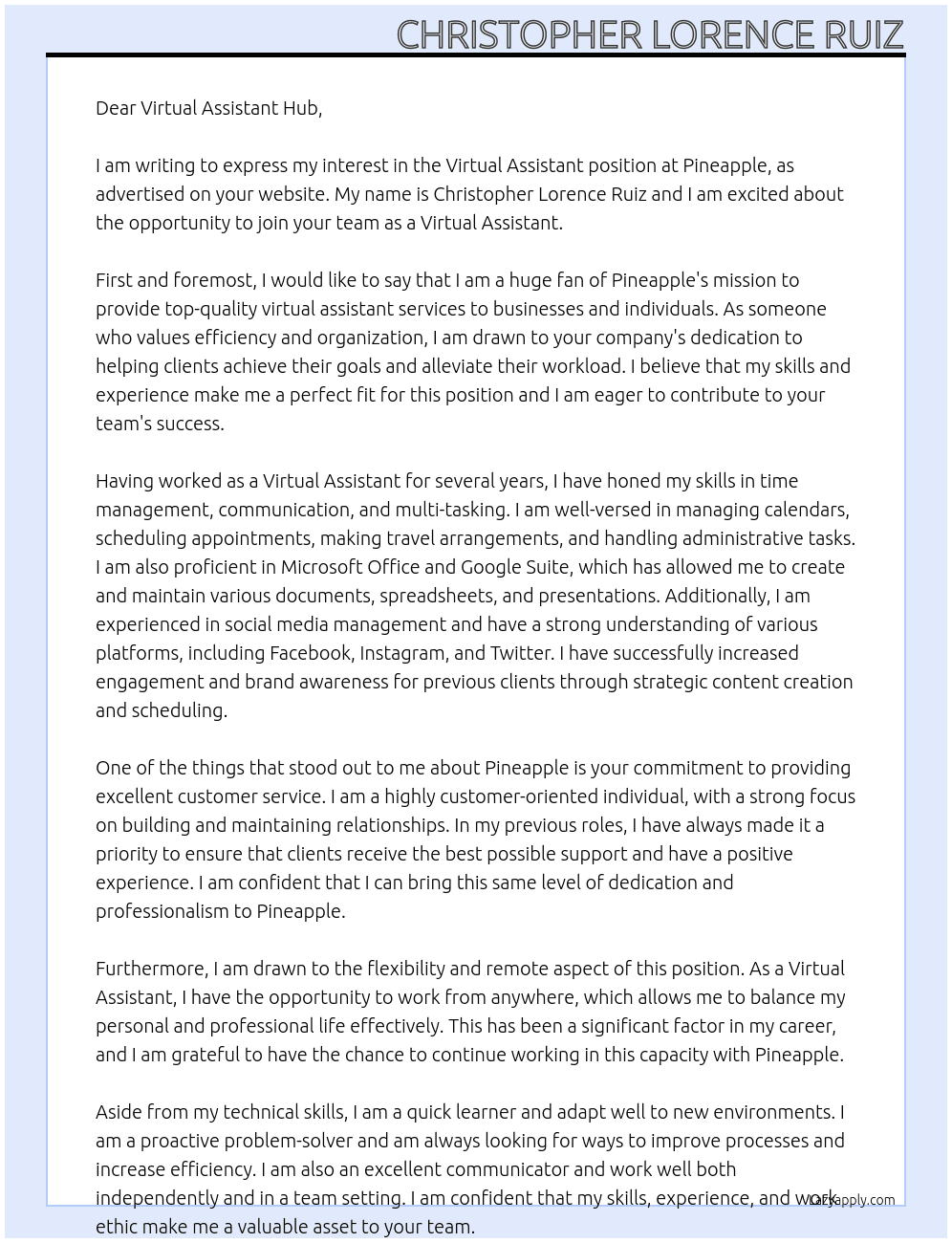 Virtual Assistant At Pineapple Cover Letter